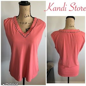 Pearl trimmed coral business blouse by Calvin Klein
